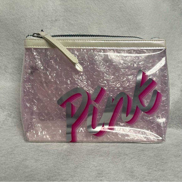 NEW VICTORIA SECRET PINK Clear Make Up Bag Cosmetic Pouch Heart Bubble Wrap - Picture 1 of 8
